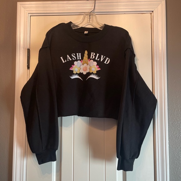 Black Cropped Hoodie with Unicorn Design - Picture 1 of 4